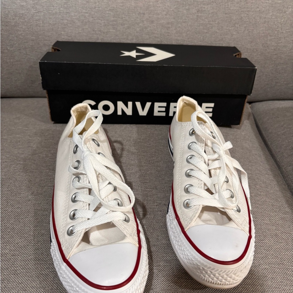 Converse Low Top Canvas Sneakers in Cream with Red Trim